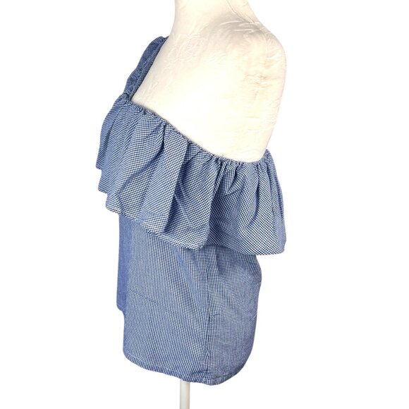 Joes Jeans One Shoulder Blouse Gingham Ruffle Blue White Size Small - Picture 4 of 8